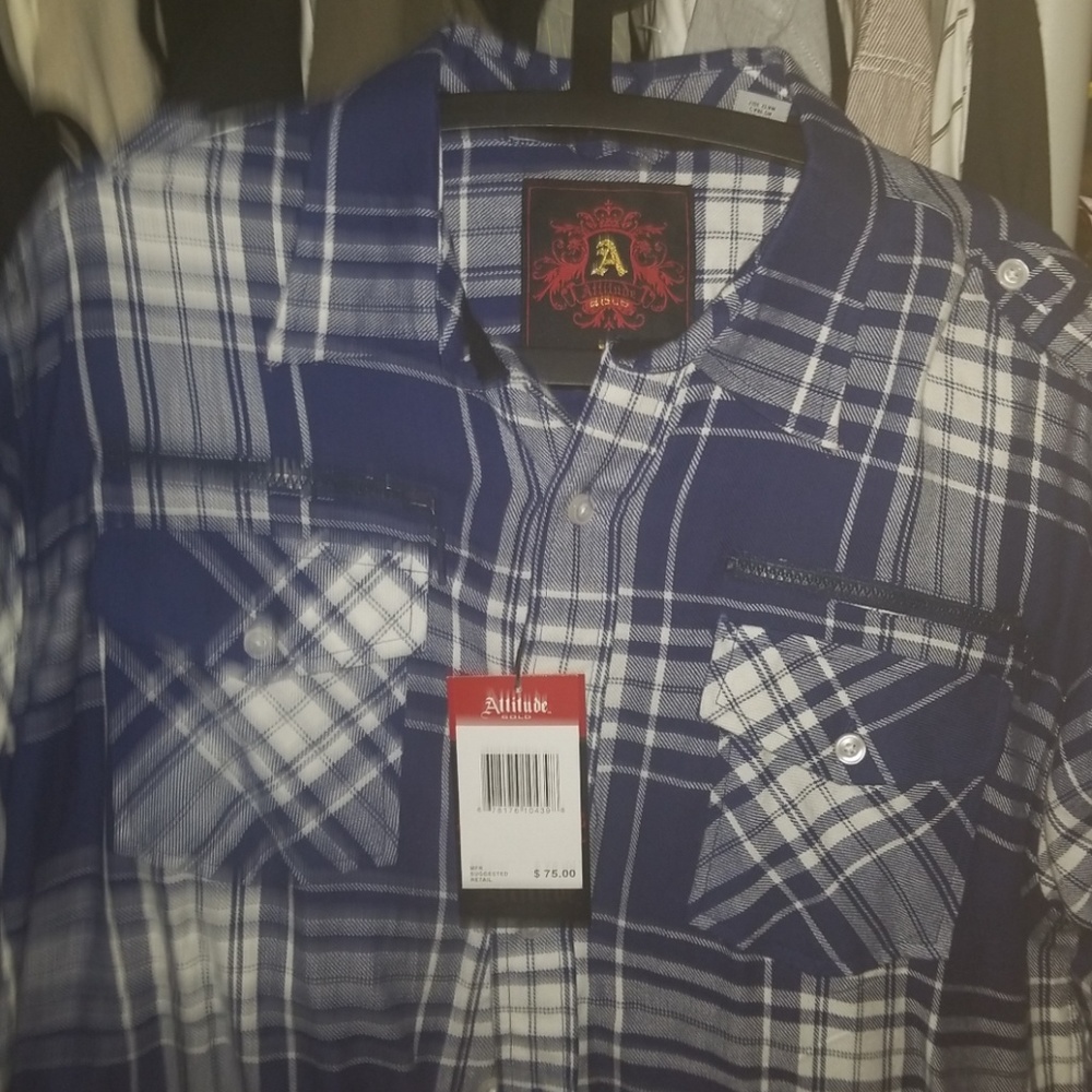 Attitude Gold Mens Blue Plaid Shirt NEW Sz XL